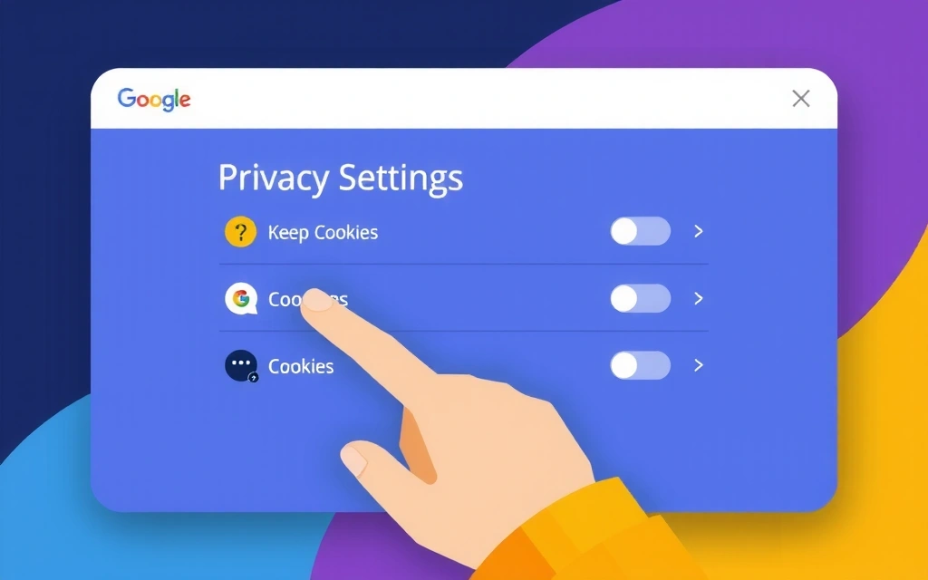 Ilustrație cu setări de confidențialitate ale browserului și o mână care controlează cookie-urile