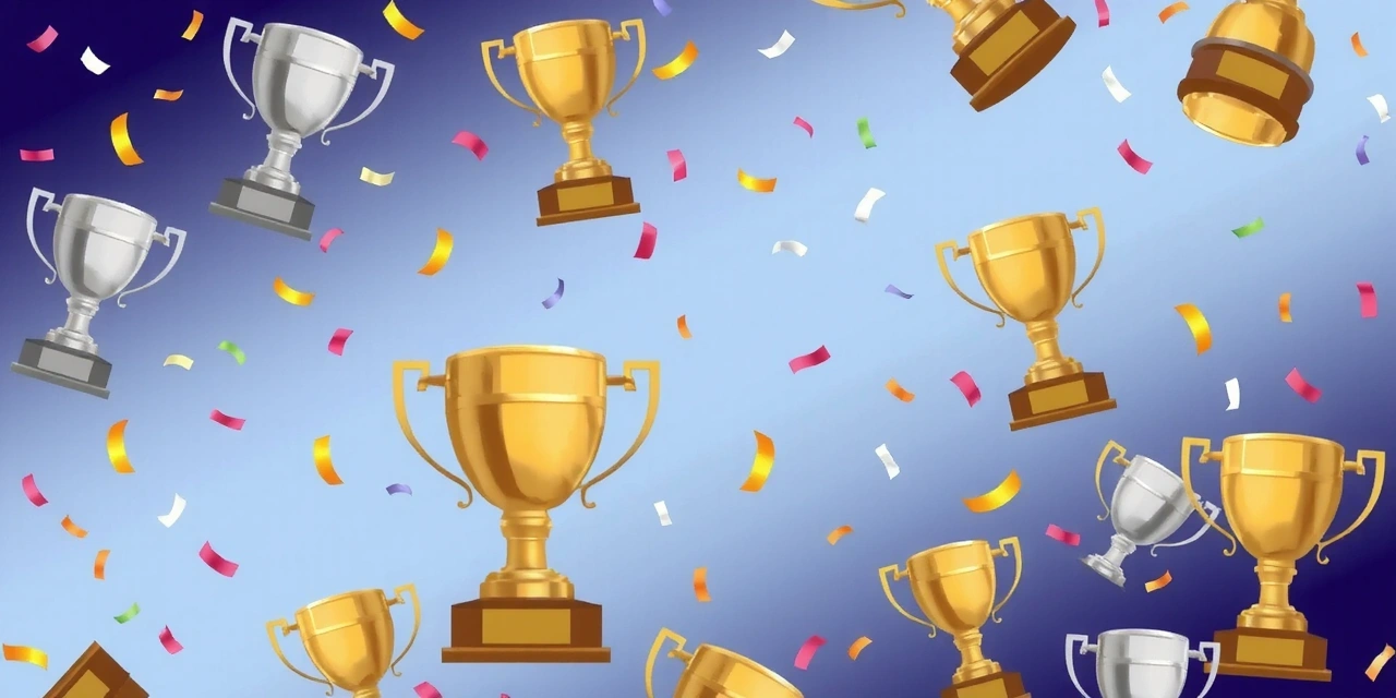 Imagine abstractă reprezentând recunoaștere și succes, cu trofee stilizate și confetti