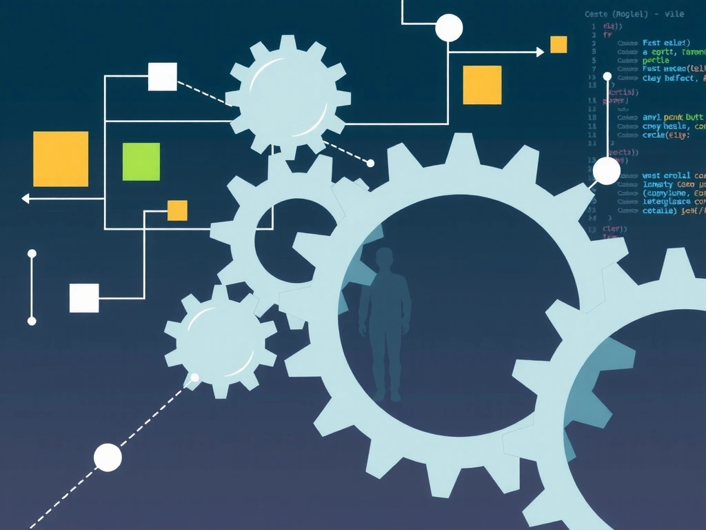 Imagine abstractă reprezentând procesul de lucru digital și colaborarea, cu elemente de design și cod