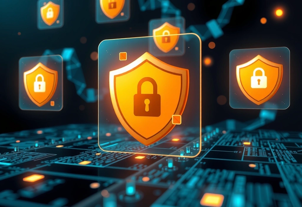 Imagine abstractă cu elemente de securitate a datelor, reprezentând protecția informațiilor personale