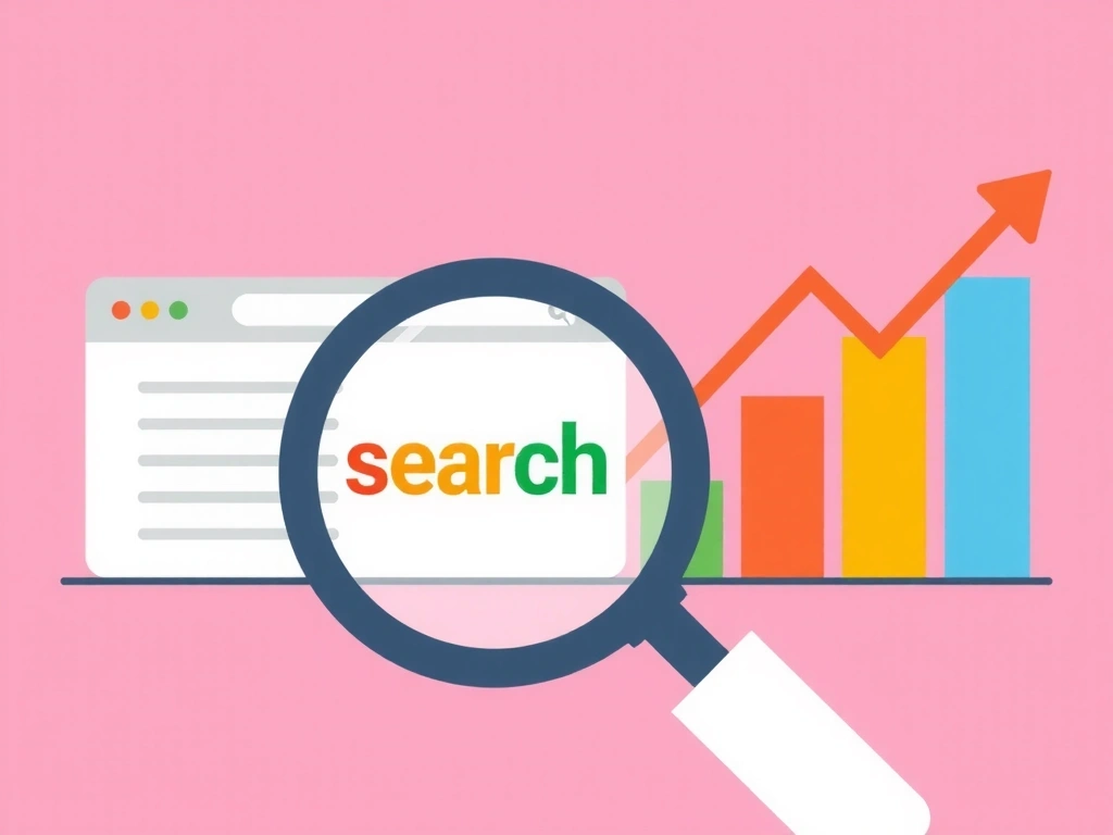 Ilustrație abstractă a unei lupe care examinează o diagramă de căutare online, cu grafice și săgeți de creștere în fundal, simbolizând optimizarea SEO.