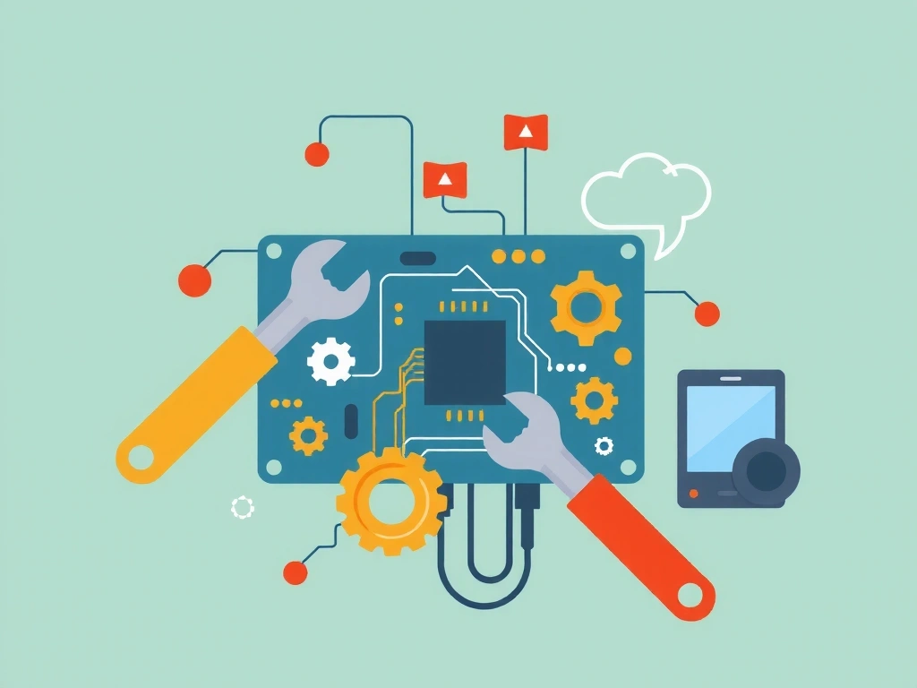 Ilustrație abstractă a unor unelte digitale (chei, roți dințate) reparând un circuit, simbolizând mentenanța și suportul tehnic pentru site-uri web.