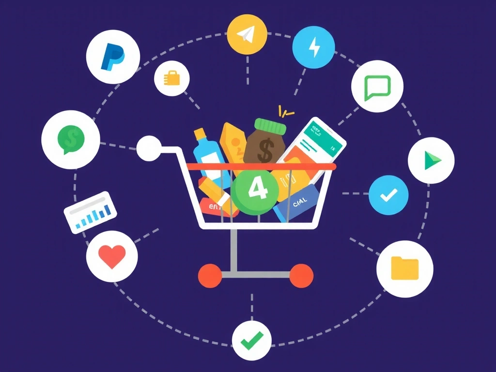 Ilustrație abstractă a unui coș de cumpărături digital cu diverse produse, simbolizând comerțul electronic și tranzacțiile online.