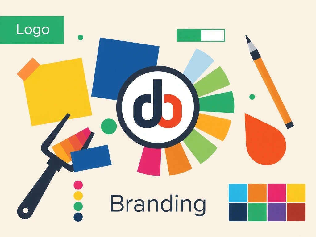 Ilustrație abstractă a unui logo stilizat, cu elemente de paletă de culori și fonturi, simbolizând brandingul și identitatea vizuală.