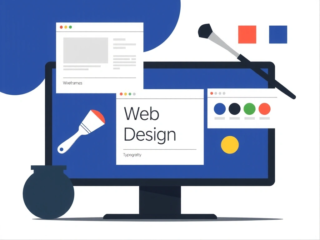 Ilustrație abstractă a unui ecran de computer stilizat afișând elemente de design web, cu pensule și palete de culori în fundal.