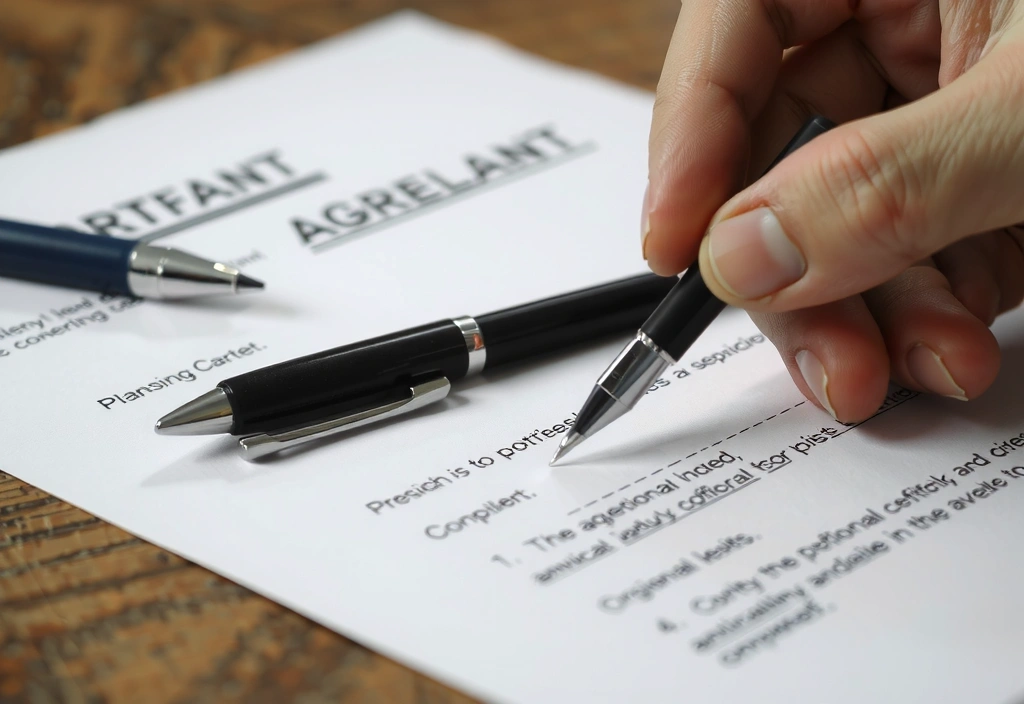 Mână care semnează un contract, simbolizând acceptarea termenilor și condițiilor