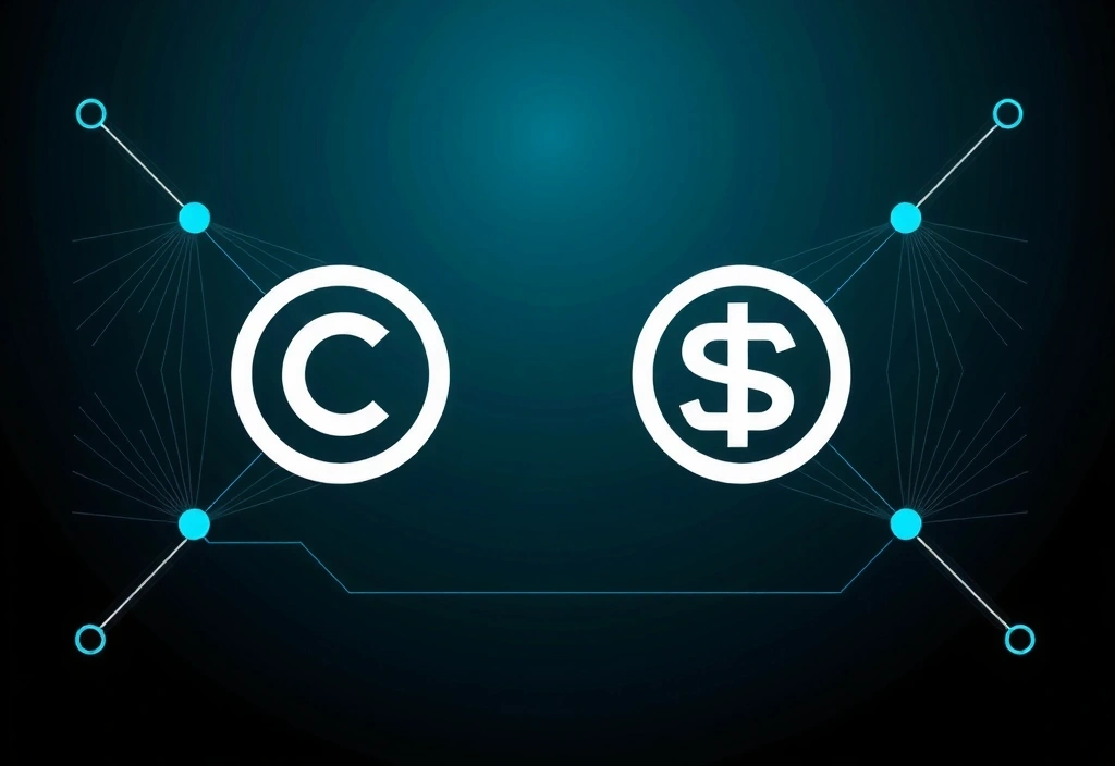 Ilustrație abstractă a drepturilor de proprietate intelectuală, cu simboluri de copyright și mărci înregistrate într-un cadru digital