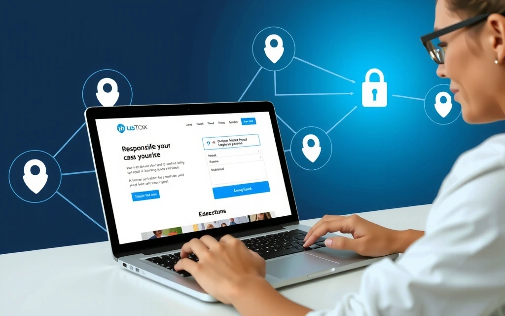 O persoană ce navighează pe un site web pe un laptop, cu elemente de securitate cibernetică în fundal, reprezentând utilizarea responsabilă